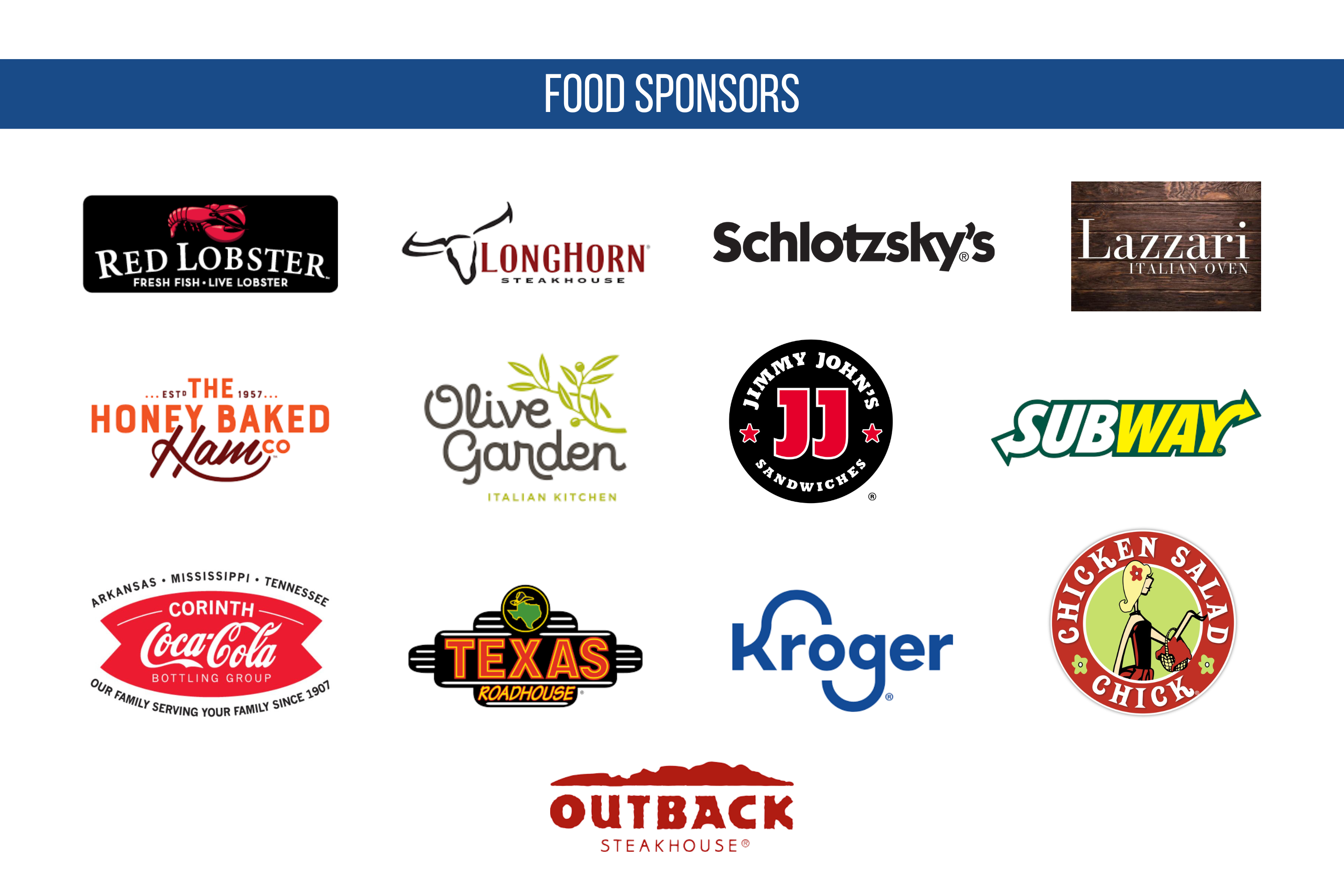 Food Sponsors: Red Lobster, Longhorn, Schlotzky's, Lazzari, Honey Baked Ham, Olive Garden, Jimmy John's, Subway, Coca-cola, Texas Roadhouse, Kroger, Chicken Salad Chick, Outback